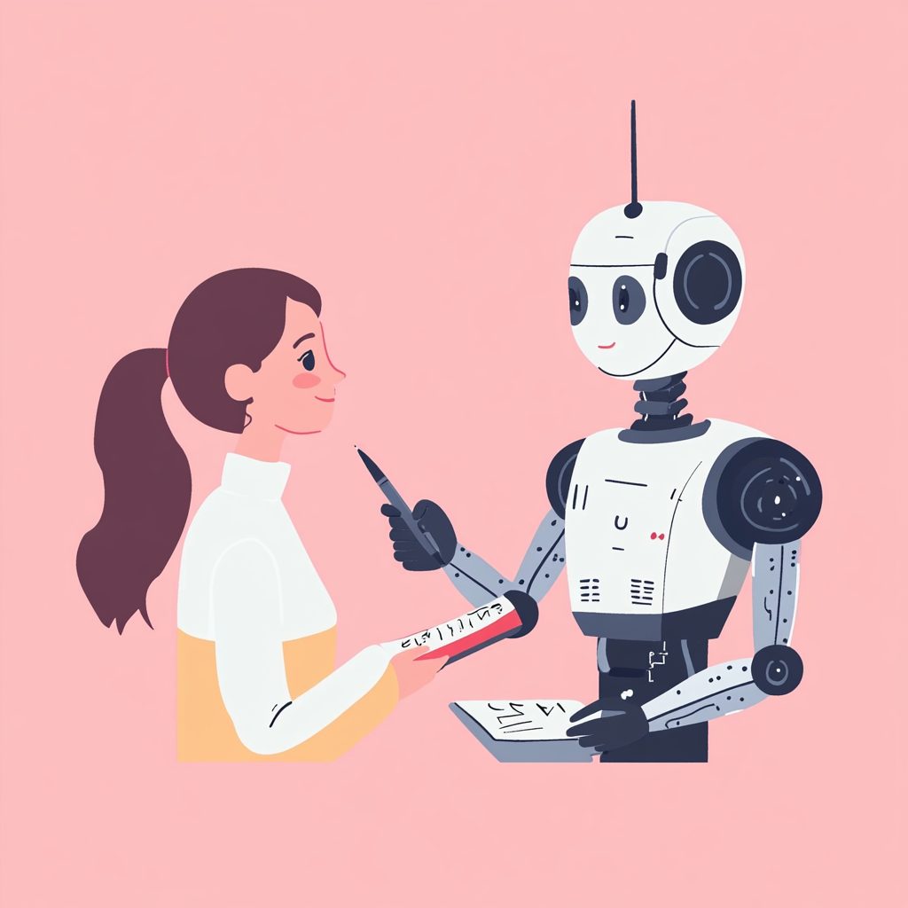 Flat Design Grafik eines Menschen und eines Roboters, die gemeinsam an einem Text arbeiten