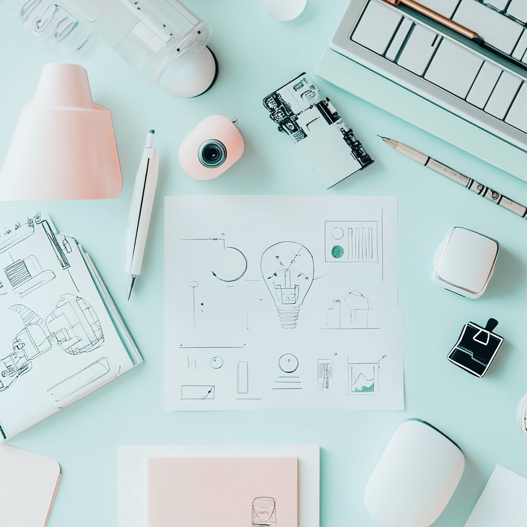 Flach angeordnete futuristische KI-Tools auf einem Schreibtisch im minimalistischen Stil