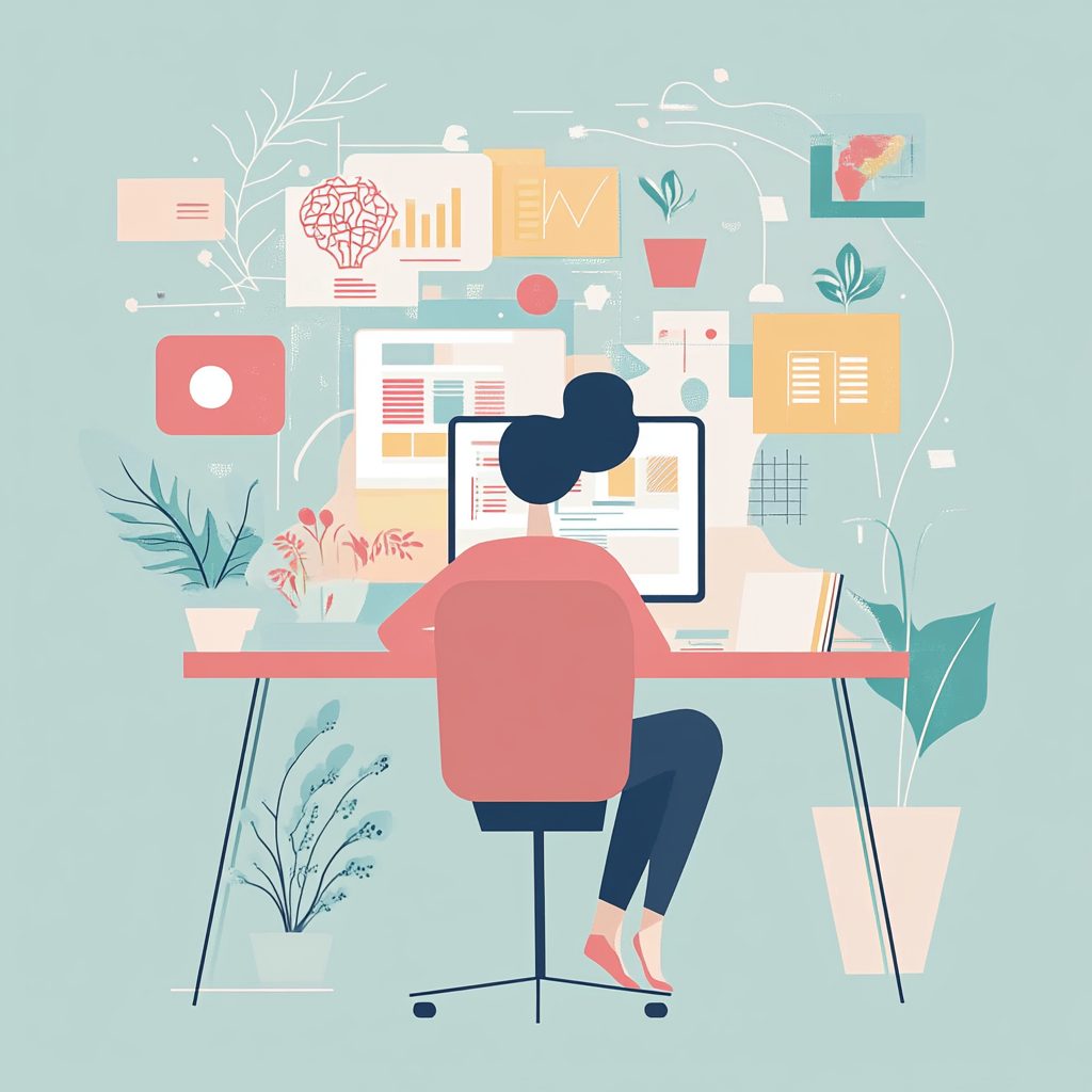 Minimalistische 2D-Illustration zur KI-gestützten Contenterstellung in Pastellfarben